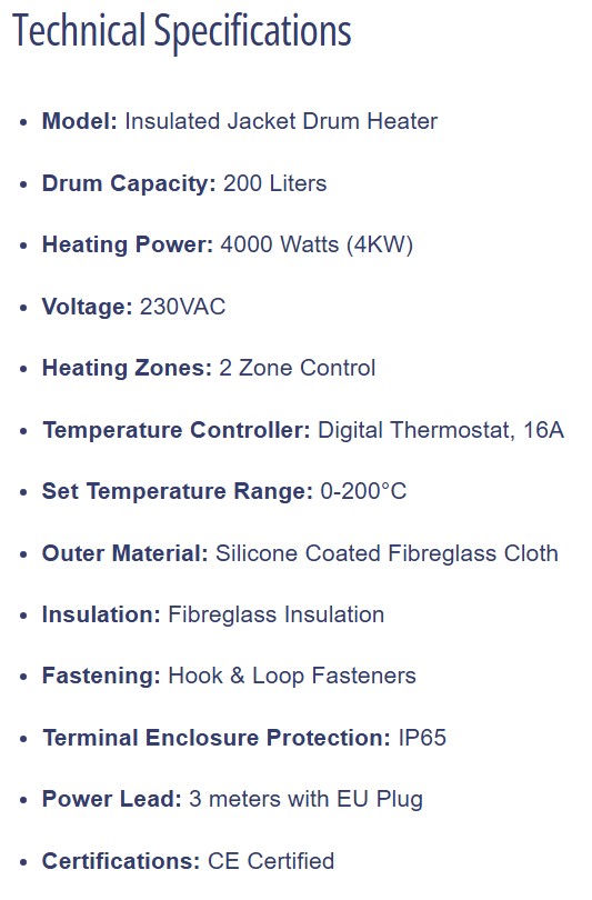 Insulated Jacket Drum Heater 200L, 4KW (Precise 2 Zone Control)